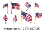USA flag fluttering on wind flat set. Vector illustration of national American flags in different positions. Perfect for decoration on Independence, Patriot, Veterans Days