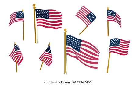 USA flag fluttering on wind flat set. Vector illustration of national American flags in different positions. Perfect for decoration on Independence, Patriot, Veterans Days