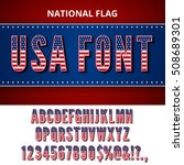 USA Flag Font. Alphabet, numbers and symbols stylized by Unites State of America national Flag. Vector set