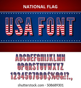 USA Flag Font. Alphabet, Numbers And Symbols Stylized By Unites State Of America National Flag. Vector Set