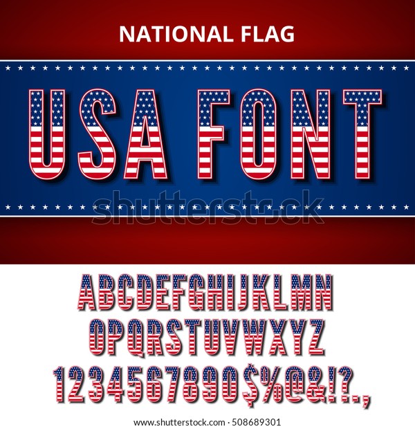米国国旗のフォント アメリカ合衆国国旗によって様式化されたアルファベット 数字 記号 ベクター画像セット のベクター画像素材 ロイヤリティフリー