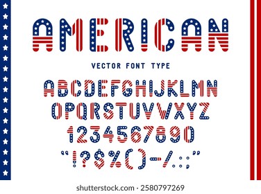 Usa flag font, American patriotic typeface, United States type, red blue and white US English alphabet. Vector abc letters, symbols, numbers adorned with stripes and stars celebrating national pride