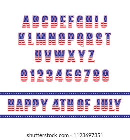 USA Flag Font template. Alphabet and number stylized by American flag. Usable as typography on American national day celebrations. Vector illustration