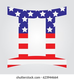USA flag in form of Gemini zodiac sign. Patriotic USA. Vector EPS 10