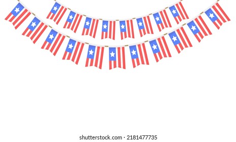 USA flag garland. US patriotic pennants chain. American party bunting decoration. United States flags for celebration. Vector background.