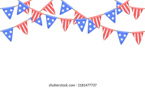 USA flag garland. US patriotic pennants repeating chain. American party bunting decoration. United States flags for celebration. Vector background.
