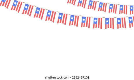 USA flag garland. US patriotic pennants chain. American party bunting decoration. United States flags for celebration. Vector background.