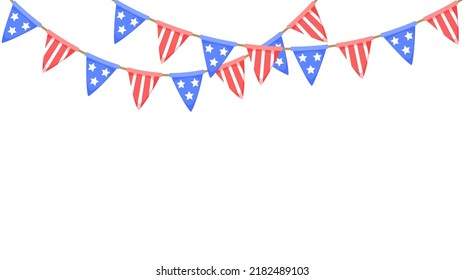 USA flag garland. US patriotic pennants chain. American party bunting decoration. United States flags for celebration. Vector background.