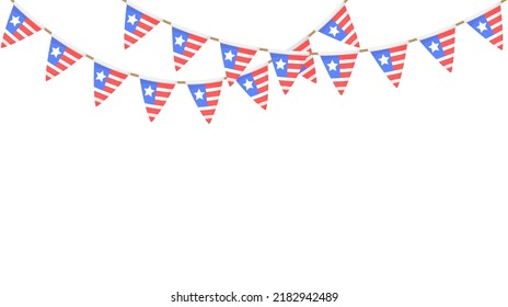 USA flag garland. US patriotic pennants chain. American party bunting decoration. United States flags for celebration. Vector background.