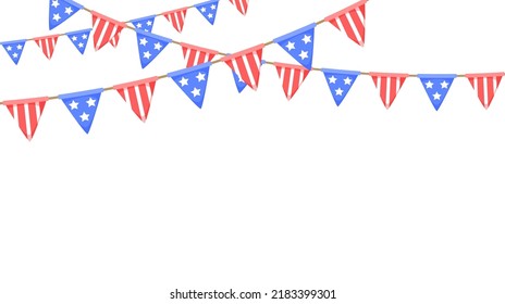 USA flag garland. US patriotic pennants chain. American party bunting decoration. United States flags for celebration. Vector background.