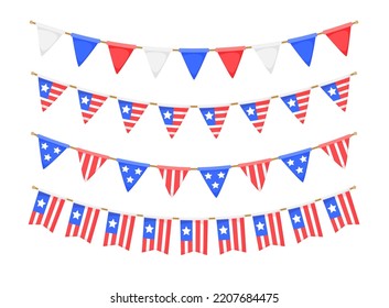 USA flag garlands set. US patriotic pennants chains collection. American party bunting decoration. United States flags for celebration. Vector background.