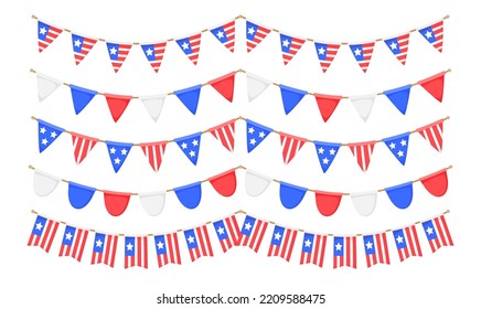USA flag garlands set. US patriotic pennants chains collection. American party bunting decoration. United States flags for celebration. Vector background.