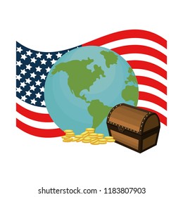 usa flag with global map and chest with coins