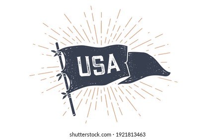 USA. Flag grahpic. Old vintage trendy flag with text USA for United States of America. Old school vintage banner, retro style, sunburst line graphic, United States or US flag. Vector Illustration
