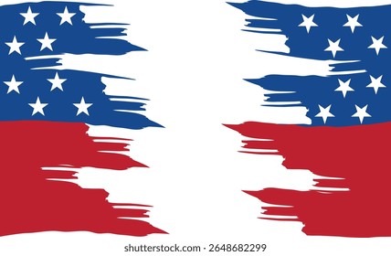 USA flag grunge background design. Hand drawn, brush stroke painted overly frame for American patriot event like fourth of July, memorial day. Transparent PNG and vector illustration.