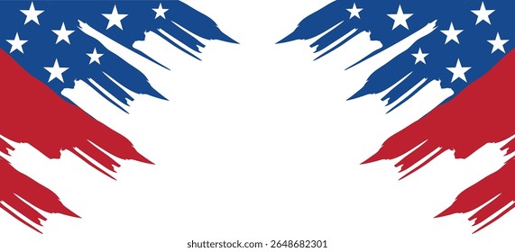 USA flag grunge background design. Hand drawn, brush stroke painted overly frame for American patriot event like fourth of July, memorial day. Transparent PNG and vector illustration.