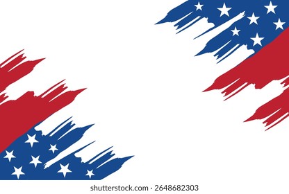 USA flag grunge background design. Hand drawn, brush stroke painted overly frame for American patriot event like fourth of July, memorial day. Transparent PNG and vector illustration.