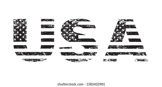 USA flag grunge text, American flag in letters, black isolated on white background, vector illustration.