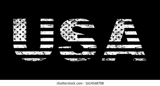 USA flag grunge text, American flag in letters, white isolated on black background, vector illustration.