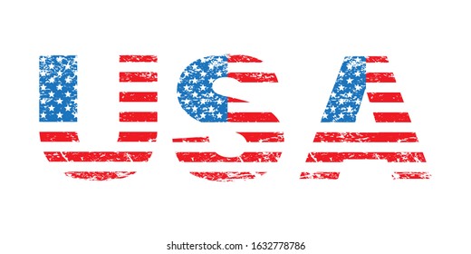 USA flag grunge text, American flag in letters, isolated on white background, vector illustration.