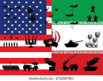 USA flag half Iran flag enemy army conflict war combat. Military fighter jet plane. Ground troops vector silhouette. Tank missile artillery rocket launcher. Navy Radar air force defense drone bombing.