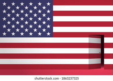 The USA flag and the half-open door in side, dark space is behind the door. Concept of reception or renunciation of US citizenship, entering or leaving of state territory, crossing of borders