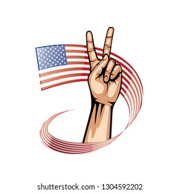 USA flag and hand on white background. Vector illustration