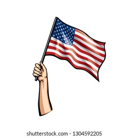USA flag and hand on white background. Vector illustration