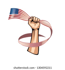 USA flag and hand on white background. Vector illustration