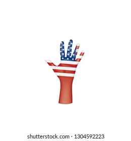 USA flag and hand on white background. Vector illustration