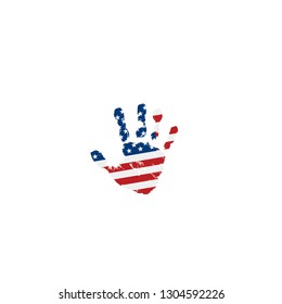 USA flag and hand on white background. Vector illustration