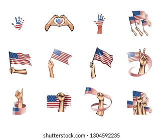 USA flag and hand on white background. Vector illustration