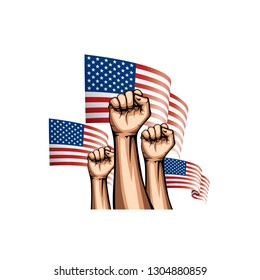 USA flag and hand on white background. Vector illustration
