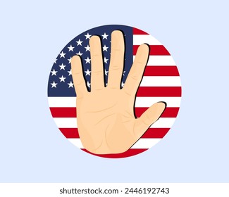 USA-Fahne mit Handstopp-Schild, Protest- und Menschenrechtsidee, Vektorgrafik-Design, Protest in USA, Einschränkung oder verbotenes Emblem, Verletzung der Meinungsfreiheit, Krieg beenden