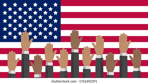 USA flag with hands in different colors reaching up. The US presidential Election stock vector illustration.