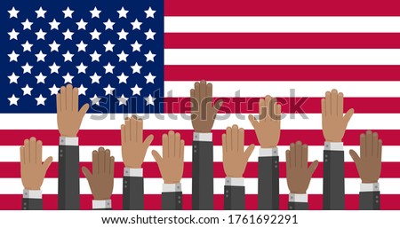 USA flag with hands in different colors reaching up. The US presidential Election stock vector illustration.