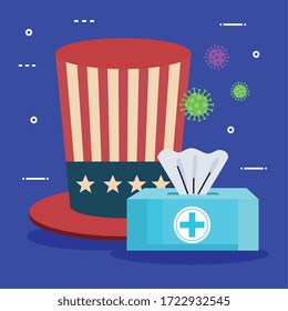 usa flag in hat with damp cloths and covid19 particles vector illustration design