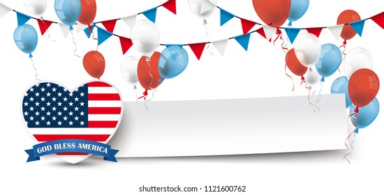 USA flag header with paper banner, buntings and balloons. Eps 10 vector file.