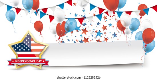 USA flag header with paper banner, buntings and balloons. Eps 10 vector file.
