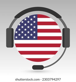 USA flag with headphones, support sign. Vector illustration.