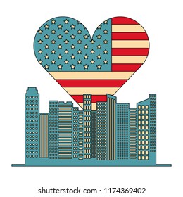 usa flag heart and buildings