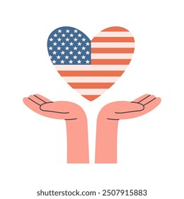 USA flag in heart shape. 4th July Independence Day of the USA. Love for the country. Vector illustration in flat style