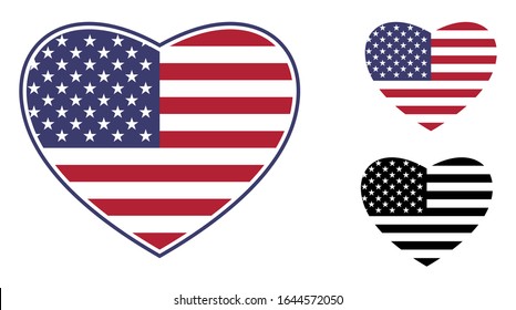 Bandera de Estados Unidos en forma de corazón - Amo el vector de signos de Estados Unidos con color de bandera original y silueta negra aislada en blanco