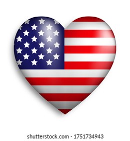 USA flag in a heart shape on white background . United States of America .  3D vector illustration 