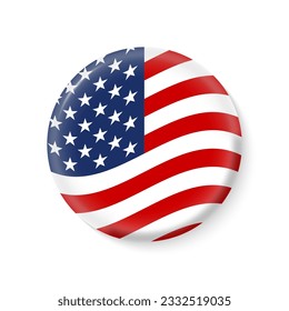 USA flag icon. 3d US circle badge or button. Waving American symbol. Vector illustration.