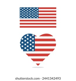 Icono de la bandera de Estados Unidos en forma de corazón y cuadrado, diseño vectorial de banderas de Estados Unidos de América para la celebración del Día de la Independencia