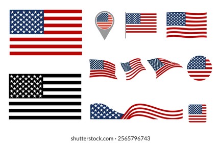 USA flag icon set. American national flag concept. USA flags on transparent EPS 10
