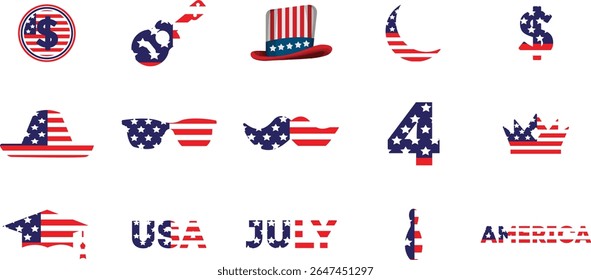 USA flag icon set featuring American flag, hat, dollar sign, crown, graduation cap, glasses, guitar, moon, mustache with typography of 4 July America. Best for USA patriotic, republic celebration.