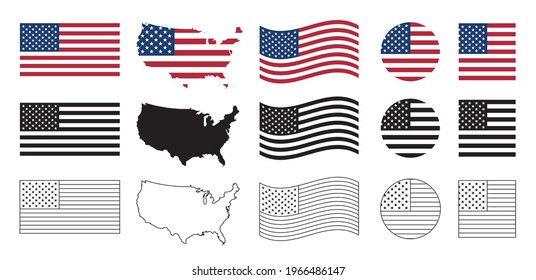 USA flag icon set. Stripes flags united states with stars. 4 July, Veteran and Memorial day vector banner. American national symbol isolated on white background. Vector illustration.