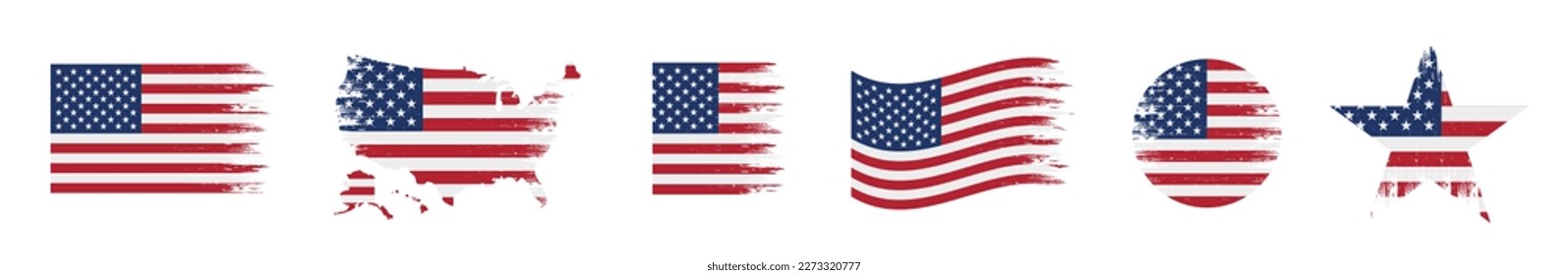 USA flag icon set. Stripes flags United States with stars. 4 July, Veteran and Memorial day vector banner. American national symbols in grunge texture. Vector illustration.